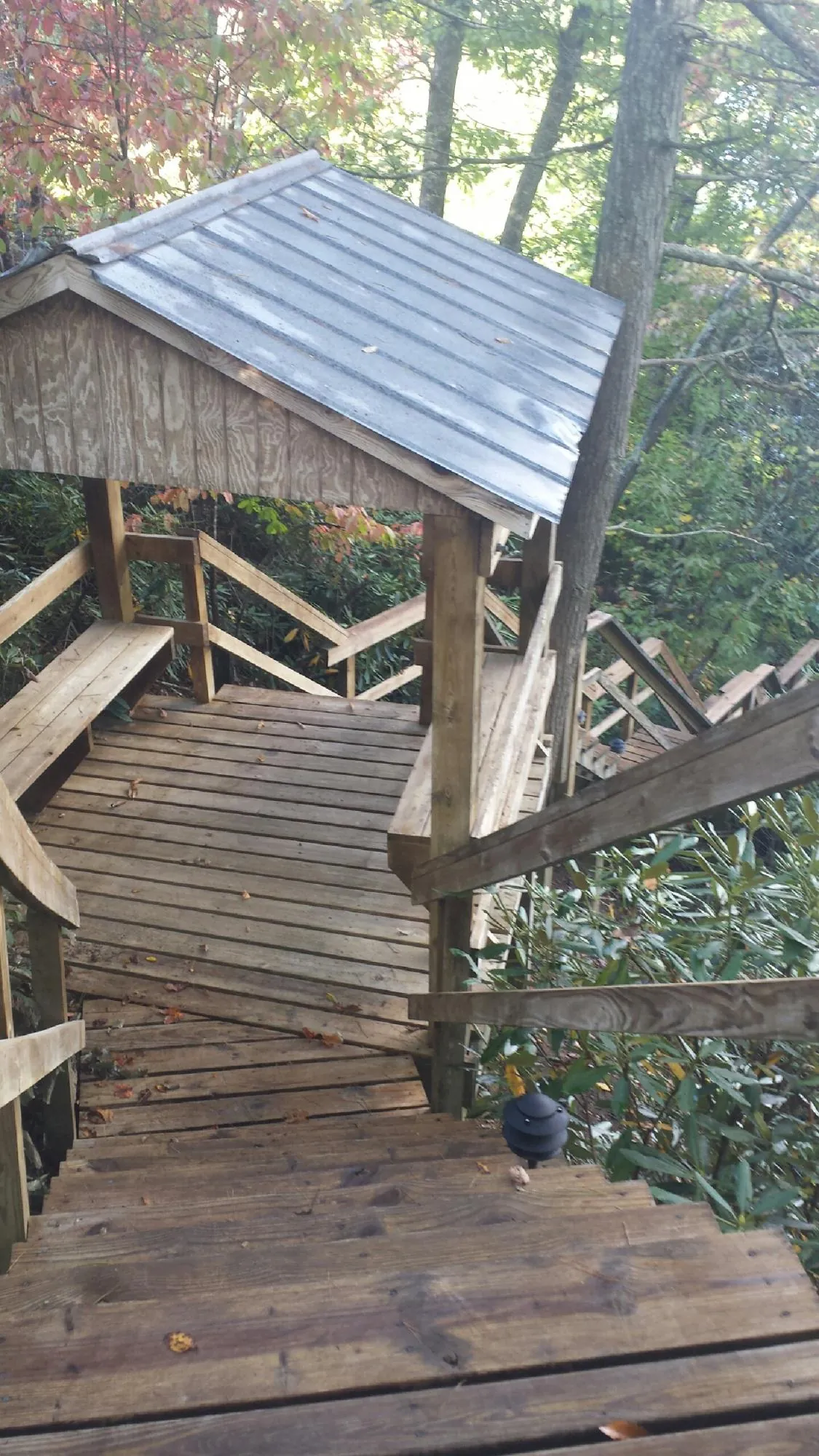 Metal roofed shelter over wooden steps on a wooded walkway — Skylight Repair & Installation work by our crew in Burleson